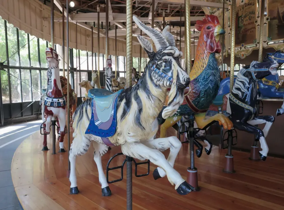 The funny rooster on the carousel at Koret Children's Playground. 