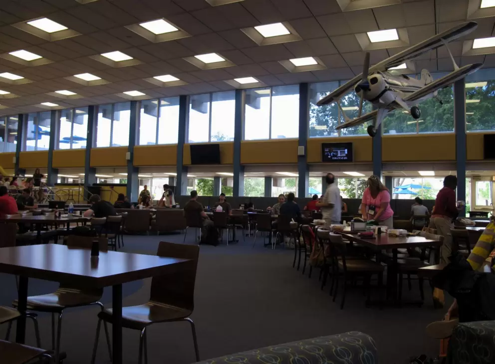 Model airplane on the ceiling of the dining hall.