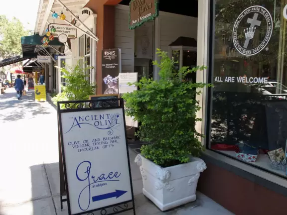 Gorgeous main street with large, European-style park where people sit on the grass by the fountain.