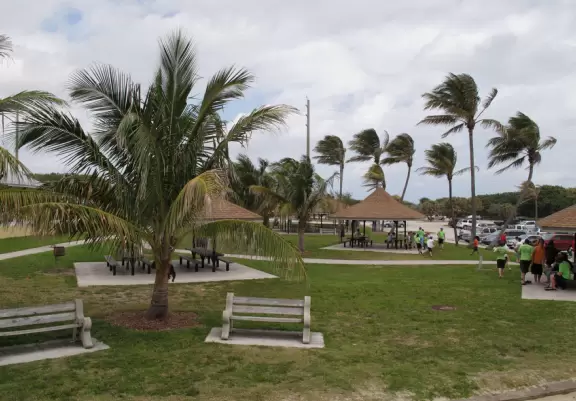 Wide-open beach with pale grey sand, shells on the shore, and aquamarine water, across from a playground, turtle center, and hike.