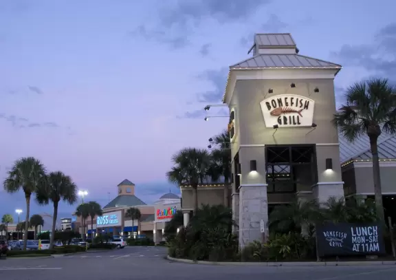 Attractive, modern outdoor mall with music playing, landscaping, and good restaurants.