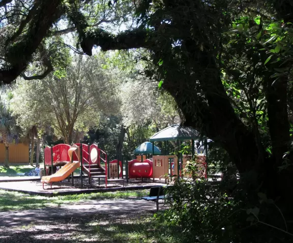 Wonderland of huge tropical trees hung with vines, plus playground with abundant shade.