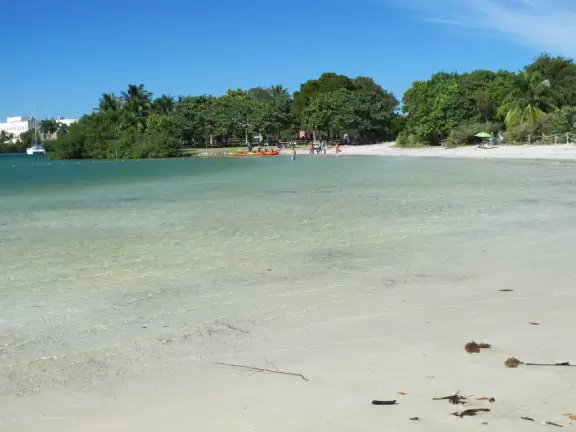 Sheltered cove with blue-green water, bright green playground, and river for paddling.