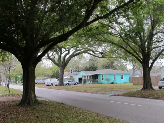 A few blocks with cafes, in an older neighborhood of tiny homes.