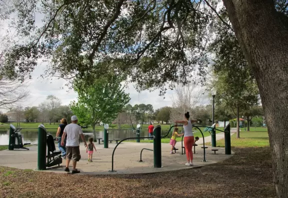 Huge wooden castle playground, interesting exercise station, and birds on a pond.