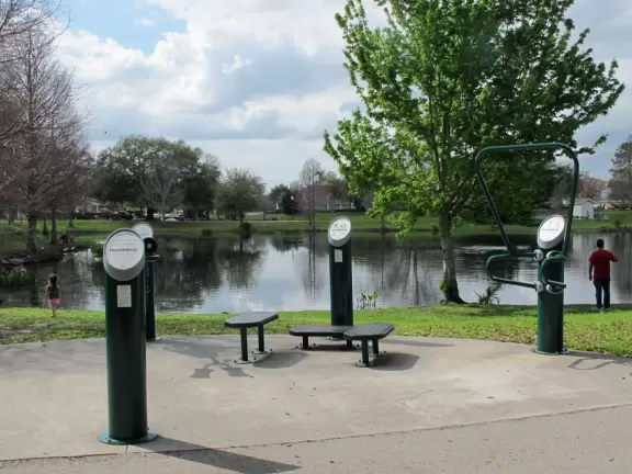 Huge wooden castle playground, interesting exercise station, and birds on a pond.