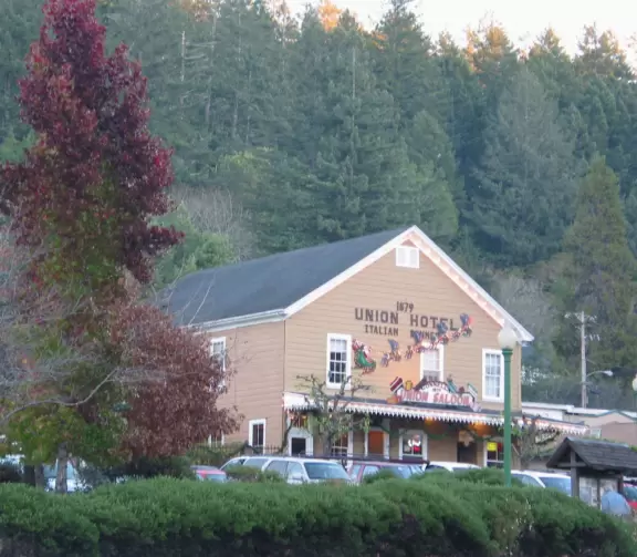 The cutest little town, backed by a forest.