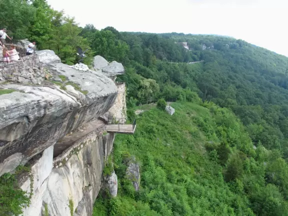 Garden walk through rock slots, under stone bridges, past gnomes, and to gorgeous views.