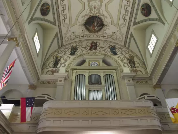 Lush, tropical square in front of the iconic St Louis Cathedral- the focal point of the sights and sounds of the French Quarter.