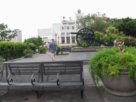 Lush, tropical square in front of the iconic St Louis Cathedral- the focal point of the sights and sounds of the French Quarter.