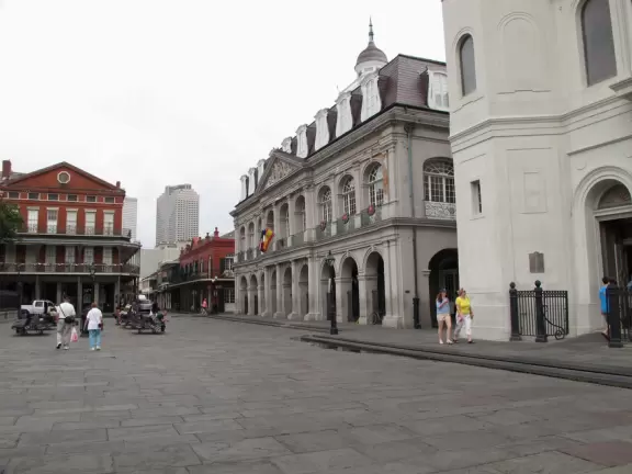 Lush, tropical square in front of the iconic St Louis Cathedral- the focal point of the sights and sounds of the French Quarter.