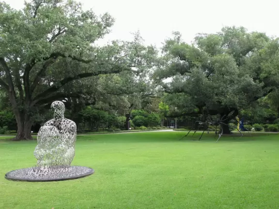 Peaceful sculpture garden with interesting modern art.