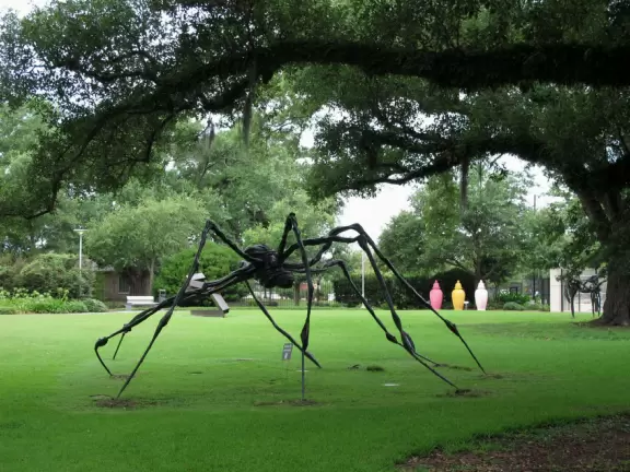 Peaceful sculpture garden with interesting modern art.