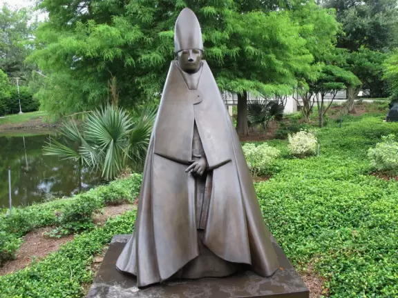 Peaceful sculpture garden with interesting modern art.