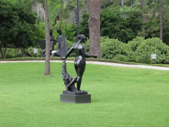 Peaceful sculpture garden with interesting modern art.