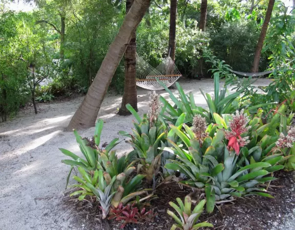 Stunning tropical-themed gardens and cute children's area.