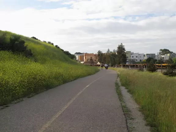 Bike path with views of hills all around, and pretty neighborhood nearby.