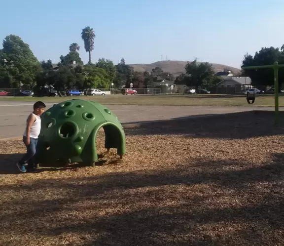 Cute toddler playground, workout station, community garden, basketball courts, lawn with views of Cerro San Luis, and Victorian houses, a block from the main downtown strip. Currently, a crime problem.