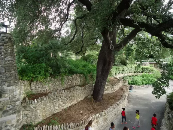 Beautiful garden in a former rock quarry, with high waterfall, stone bridges, flowers, an island, koi ponds, cafe, Japanese torii gate, and a Japanese pagoda.