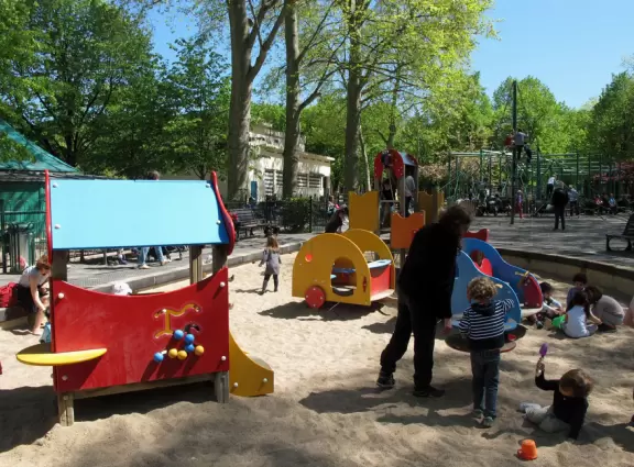 Super fun playground with adorable trees. Every imaginable play structure.