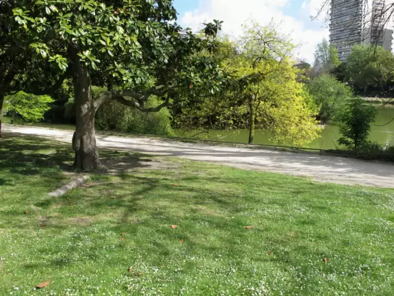 Magical park with lake, hillsides with little daisies, rose garden, and hidden walkways.