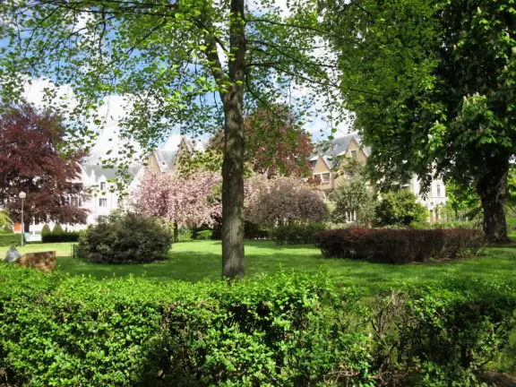 Gorgeous complex with 40 student residences themed after different countries, cafeterias, classrooms, and beautiful quads with flowers and trees.