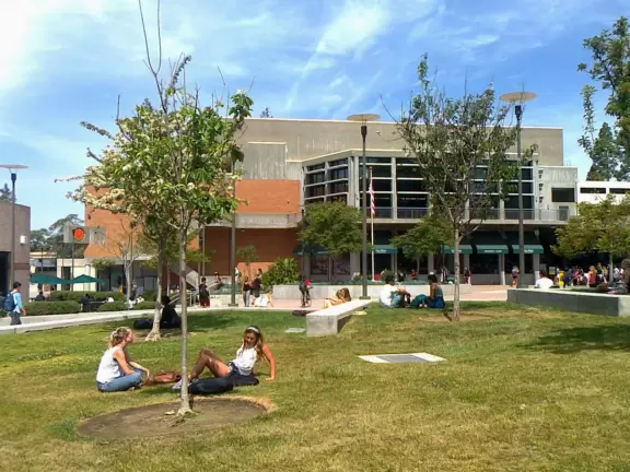 Hilly, sunny campus with tall, impressive trees and green lawns. A hands-on learning university.