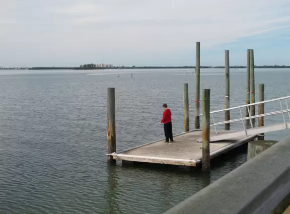 Lovely forest-themed playground, along the bike path, with water and pier across the street.
