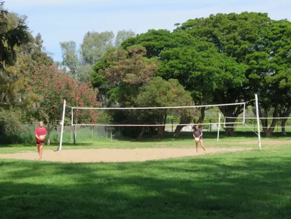 A redwood forest that looks like Northern California, with a playground and spacious knolly lawn.