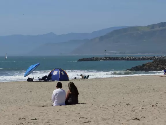 Windy beach by the harbor where you can watch the boats come in and fly a kite.