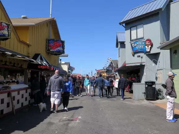 Touristy wharf with souvenir shops, mediocre restaurants, but gorgeous blue-green water and sometimes seals swimming by!