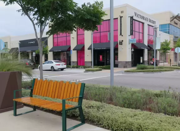 Modern mall with public spaces, fountains, splash pad, cafes, movie theater, and plenty of good shops.