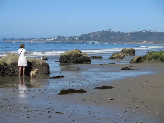 A wide sandy beach that's fun for kids! Wonderful for a long walk around the red cliffs.