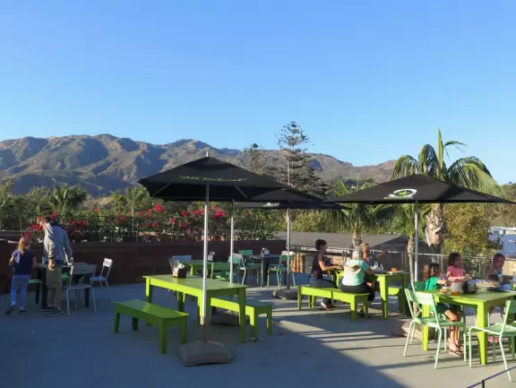 Fantastic outdoor mall with palm trees swishing in the breeze over a hardwood deck and a wood stage with live music on weekends.