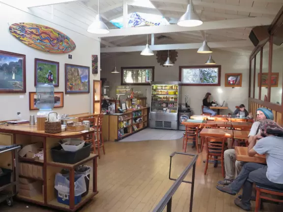 A lovely, hilly street with ocean views, lined with cute cafes.