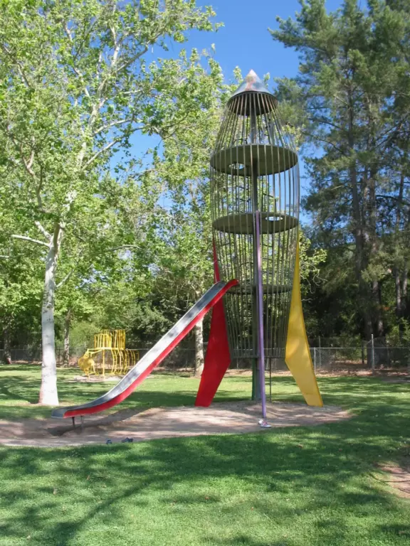 Huge park with large shady lawns, trippy playground equipment, and gorgeous mountain views.