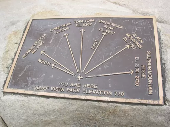 A small landscaped city area with fountains and nice views of the mountains.