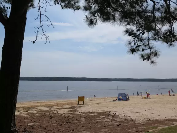 Peaceful&nbsp;spot with nice sand (great for building), blue water (from a distance), the sound of water lapping the shore, green lawn, playground, and trees for shade.