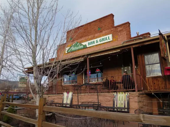 Youthful restaurants in the south part of downtown Flagstaff and historic storefronts in the north part.
