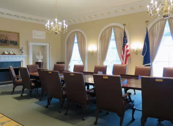 Riverfront modern two-storey building with exhibits on President Clinton's life and important changes he made during his presidency.