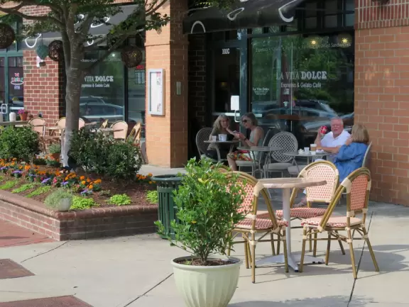 Cute area with outdoor cafes, flower boxes, church steeple with chimes, and village green&nbsp;where family events such as movie night or games night are held.