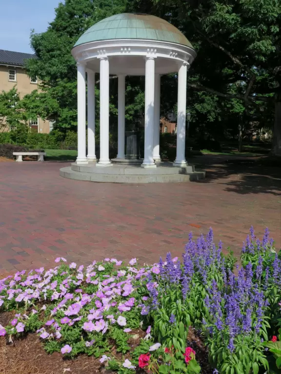 Historic buildings, sunny quad where students hang out, flowers and old trees, and fun student center area.
