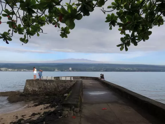 Green, green&nbsp;gardens with Japanese bridges and ponds, and views of silvery Hilo Bay and Mauna Kea.