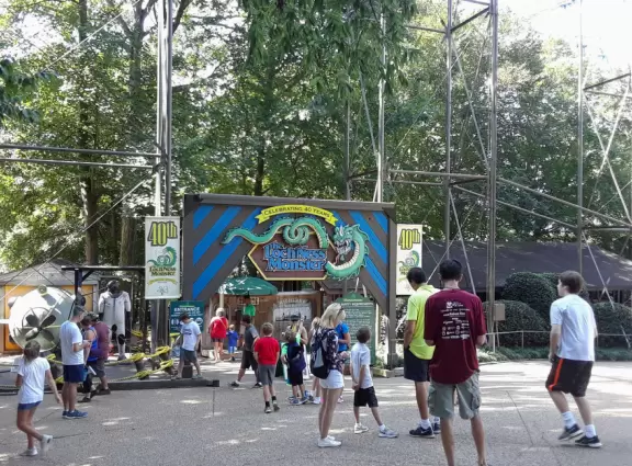 Large, shady theme park with huge rollercoaster and plenty of rides for kids.