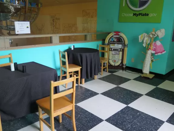 Large children's museum with ship with cannons, play houses, market and diner.