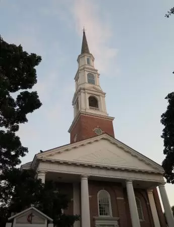 Cute downtown area with big trees, sidewalk cafes, and brick buildings.