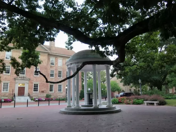 Historic buildings, sunny quad where students hang out, flowers and old trees, and fun student center area.