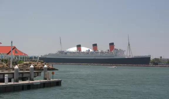 View of the Queen Mary from Rainbow Harbor. 