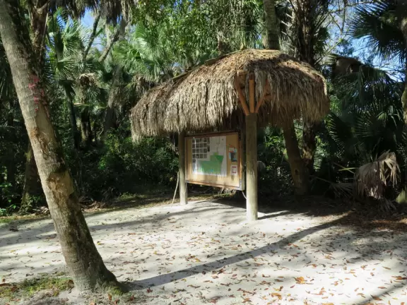 Tropical paradise with amazing trees, soft green grass, and woven huts shading picnic tables with BBQs that line the river, plus bike and kayak rentals. Beware alligators.