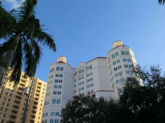 Main strip of West Palm Beach, with colorful and inviting architecture and decorations.